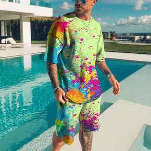Ensemble de survêtement d'été respirant pour homme T-shirt + short de plage 100% coton Style décontracté ample de rue - Product Image 6
