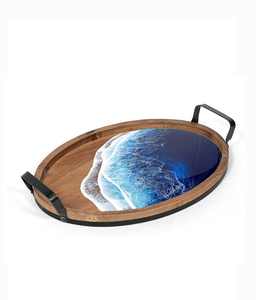 Plateau de service en bois en résine époxy avec poignée en métal unique, design populaire, plateau en bois à prix abordable - Product Image 5