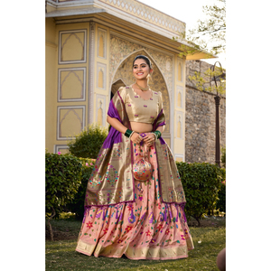 Conjunto étnico indio Lehenga Choli de estilo Bollywood semicosido de seda Jacquard para fiestas de boda de mujer - Product Image 1