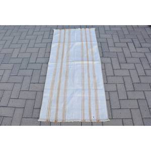 Tapis Turc Vintage Moderne Blanc Beige Rayé 2.2 X 4.8ft Grande Surface Laine Matériau Latex Support pour Adolescents Couloir Rectangle - Product Image 1