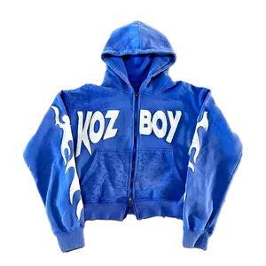 400 GSM hommes personnalisé surdimensionné Anime haute qualité fermeture éclair Vintage bouffée impression à capuche acide lavé détresse broderie - Product Image 4