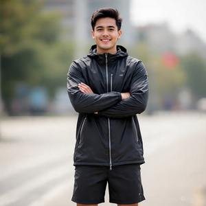 Conjuntos de pantalones cortos cortavientos de color sólido para hombre, Sudadera con capucha y cremallera impermeable, jersey de color sólido, chaqueta, conjunto de pantalones cortos cortavientos - Product Image 6