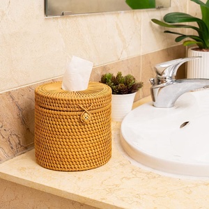 Handmade Natural High Quality Rattan Round Tissue Box Handwoven OEM Designs Customized Roll Holder Toilet Paper Cover Dispenser