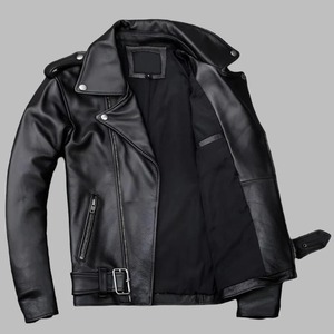 Veste en cuir véritable noire élégante et ajustée pour homme, veste de moto classique avec ceinture à la taille, fermeture éclair sur le devant et design personnalisé - Product Image 5