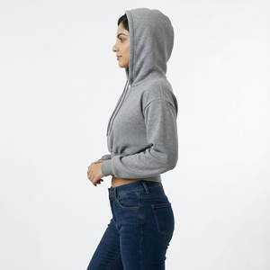Vêtements de sport pour femmes OEM personnalisés, sweats à capuche courts à taille haute, ourlet côtelé large, épaules tombantes, manches bouffantes, en molleton de coton, vente en gros - Product Image 2