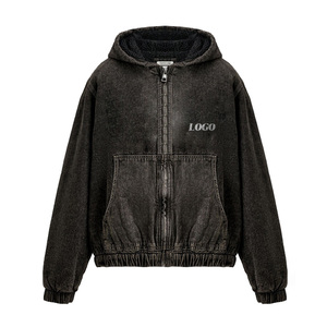 Winter Street Wear Distressed Vintage Stone Washed Fleece 100% Cotton Blank Hooded Collar <b>Thick</b> Oversize Acid Wash Pullover - Product Image 1