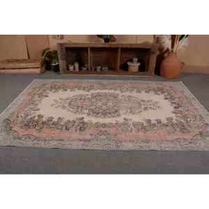 พรมตุรกีวินเทจคลาสสิกสีเบจสีชมพู5.5 x ขนแกะเป็นมิตรกับสิ่งแวดล้อมกองขนาดกลางทอลายปริศนาสี่เหลี่ยมผืนผ้าห้องรับประทานอาหาร - Product Image 4