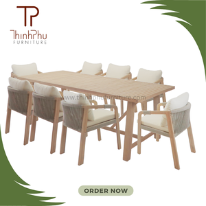 Ensemble de meubles en bois d'acacia de couleur unie pour le jardin 1 table 6 chaises résistant aux intempéries surface en bois de résine de pierre utilisation extérieure Hall - Product Image 4