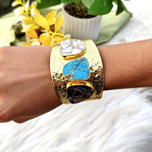 Bohemian jewelry mohave copper turquoise gemstone open <b>cuff</b> <b>bracelet</b> brass 18k gold plated hammered texture wide band <b>bracelet</b> - Product Image 6