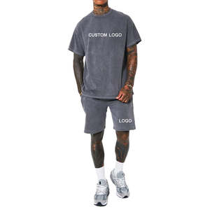 Ensemble de jogging de haute qualité 100% coton lavé à l'acide t-shirt et ensemble court personnalisé mode lavage à l'acide hommes ensemble court - Product Image 1