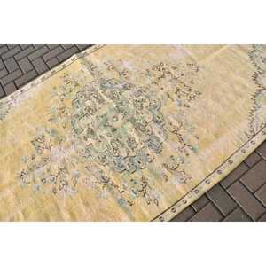 Vintage Turkish Rug, 4.8x8.7 ft Large Rug, <b>Yellow</b> Check Rug - Product Image 5