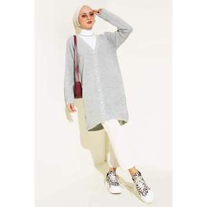 Cárdigan gris informal con estampado de prendas de punto acanaladas horizontales con botón frontal y patrón sólido para la temporada de otoño - Product Image 1