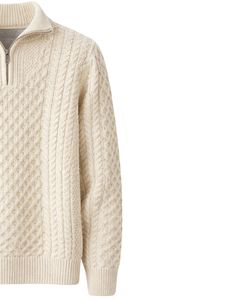 Manufacturer Customized Mens Quarter Zip <b>Cable</b> <b>Knit</b> <b>Sweater</b> White Textured Pattern High Neck Warm Winter Pullover OEM - Product Image 4