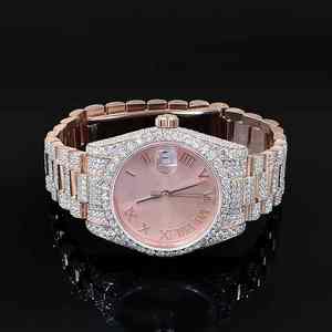 Reloj de Lujo Antiguo de Negocios, 20 mm, Ventana Analógica Rosa, Números Romanos, Completamente Engastado con Diamantes Moissanite, Correa de Cuero de Alta Calidad - Product Image 1