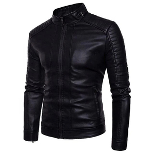 Custom <b>Mens</b> Slim Fit Black <b>Faux</b> <b>Leather</b> <b>Jacket</b> Stand Collar Ribbed Sleeve Motorbike Outerwear - Product Image 1
