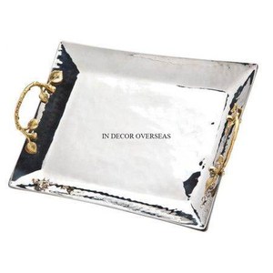 Superior Quality Metal Silver Shiny Polished Rectangle Shape Food Items Serving <b>Tray</b> <b>With</b> Gold Plated Designer Handle From India - Product Image 6