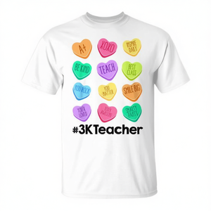 Camiseta 3K Teacher Valentine Hearts con frases de dulces pastel para profesores, regalo escolar, cuello redondo de algodón de manga corta unisex para adultos - Product Image 2