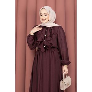 Conjunto de hiyab informal transpirable de manga larga color ciruela para mujer con detalle de volantes en la parte delantera, tela modal - Product Image 2