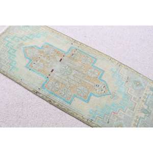 Alfombra Vintage de 1.4x3.4 pies, Alfombra Turca Pequeña, Alfombra Oriental Azul - Product Image 2