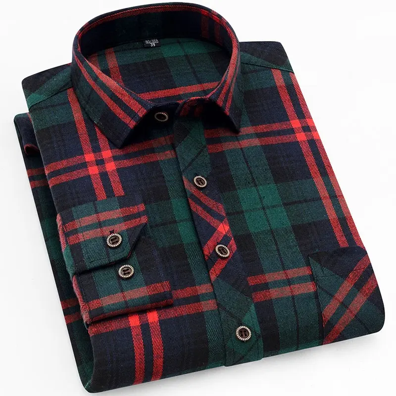 High Quality Autumn Casual Dark Plaid Pattern Flannel Nice breathable Full Long Sleeve Polyester Spandex Red Check Shirts For Me