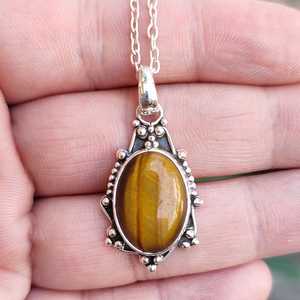 Handmade Boho Silver Necklace with Natural Tigers Eye Gemstone Sterling Silver Locket Pendant & Chain <b>Unique</b> <b>Gift</b> <b>for</b> <b>Her</b> - Product Image 4