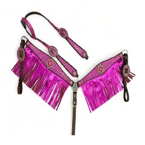 Imprimé Rose Léopard Cheval Tack Bride Western Argentine Cuir Headstall Collier De Poitrine Perlé Avec Plastron - Product Image 1