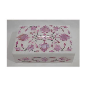 Handmade Floral Design White Marble Pink Mother Of Pearl Inlay Jewellery <b>Box</b> Rectangle Shape Used Jewellery <b>Packing</b> And Storage - Product Image 1