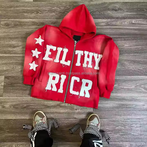 2025 nouveau Vintage Crop 100% coton lourd fermeture éclair thermique en détresse broderie Patch tailles américaines lavage à l'acide sweats à capuche pour hommes - Product Image 1