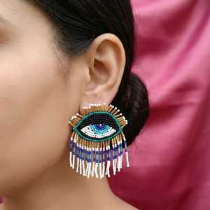 Hastvikas Handmade Beads Jewellery-Multicolor Evil Eye Drop <b>Earrings</b> with <b>Tassel</b> Fringe for Parties - Product Image 4