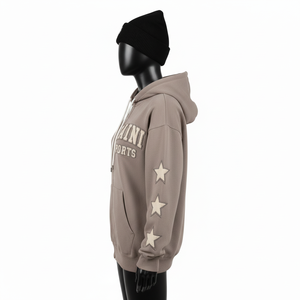 Sudadera con Capucha de Invierno para Mujer, con Cremallera, Mezcla de Algodón Cepillado, Felpa Acogedora, Tono Tierra, Mangas con Apliques de Estrellas, Logotipo de Chenilla Personalizado, Sudaderas Básicas - Product Image 3
