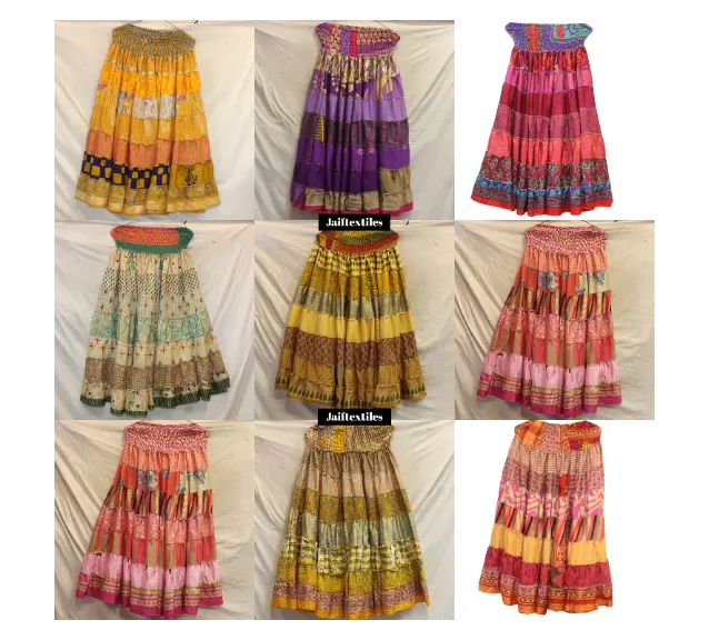 Groothandelsprijs Hoge Kwaliteit Indiase Zijden Rokken Zijde Saree Laag Bohemian Magic Wrap Rok Vintage Zijde Sari 7 Layer Rok