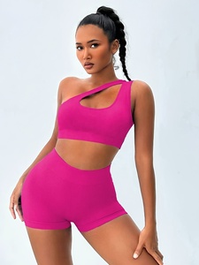 Wholesale Sexy Pink <b>One</b>-Shoulder Ribbed Crop <b>Top</b> Biker Shorts Set Women Fitness Clothing Buttery Soft Stretch Seamless - Product Image 2