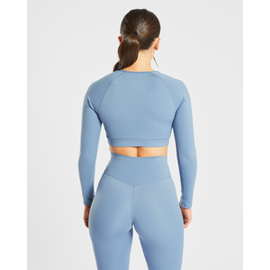 Top corto de manga larga con grapas para mujer de color azul pizarra de la mejor calidad, camisetas cortas de Fitness suaves y ligeras elásticas de 4 vías para mujer - Product Image 4