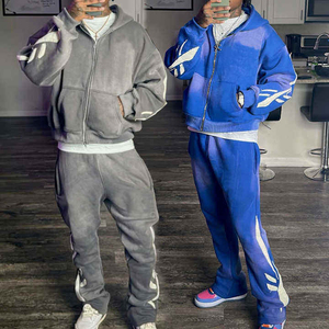 Survêtements personnalisés en coton délavé à l'acide, épais, fermeture éclair intégrale, imprimé gonflé, survêtements délavés à l'acide, ensembles de sweats à capuche et de pantalons de survêtement pour hommes - Product Image 4