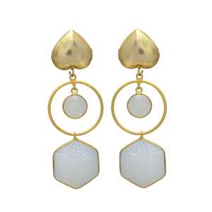 Heart Stud <b>Gold</b> Plated Dual Moonstone <b>Dangle</b> <b>Earrings</b> - Product Image 1