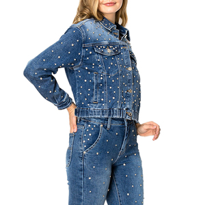 Nouveautés, vente chaude, vestes en jean pour femmes ODM, style décontracté sexy, denim déchiré avec diamants, style vintage d'automne, boutons - Product Image 4