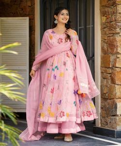 <b>PINK</b> DESIGNER GEORGETTE EMBROIDERY WITH MULTI FLORAL WORK GOWN PALAZZO WITH DUPATTA PARTY WEAR WHOLESALE PRICE ETHNIC GARMENT - Product Image 1