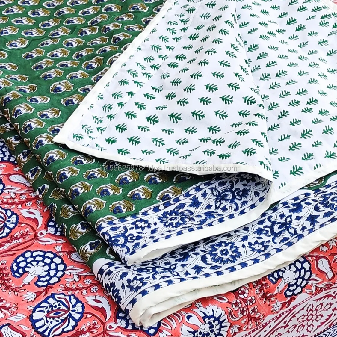 Indian Dohar Quilts Hand Block Printed Reversible Dohar Green Damask Floral Prints Bedding Lightweight Winter Quilt Razai RJVIAT