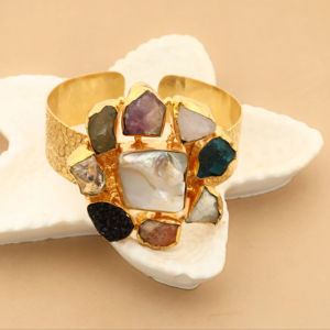 Women's Trendy Handcrafted 18K Gold-Plated Adjustable Cuff <b>Bracelet</b> with Natural Gemstones and Mother of <b>Pearl</b> Centerpiece - Product Image 1