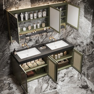 Muebles de trabajo de mimbre Mesa completa Gabinete de escritorio Panel Espejo Fregadero Grifo Cobre Comedor Baño Vanity Rock - Product Image 5