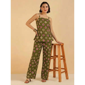 Deebaco Women's Olive Green Cotton 2 Piece Co-Ords <b>Set</b> Casual Summer Stylish Polka Dot Sleeveless Peplum Top With Wide Leg Pants - Product Image 1