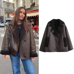 Veste à carreaux en flanelle doublée de laine d'hiver pour femmes avec bouton à capuche veste à manches longues femmes pull manteau veste de style moto - Product Image 1