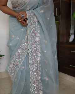 Sari en soie souple et crépue pour femme, le plus vendu, avec broderie au fil, idéal pour les mariages, fabriqué en Inde, en stock - Product Image 5