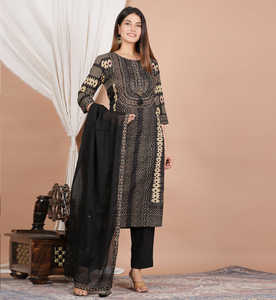 Black Ikat <b>Printed</b> Cotton Straight Kurta <b>Set</b> For Women With Round Neck And <b>3</b>/4th Sleeves Styled With Matching Pant And Dupatta - Product Image 1