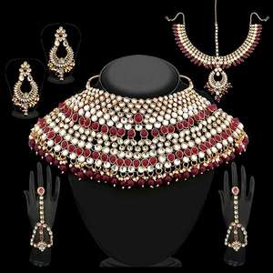 ชุดเครื่องประดับเจ้าสาว kundan ปลาย1002389B-Maroon ลูกปัดเพทายและไข่มุกชุบทองเครื่องประดับอย่างดีสำหรับงานปาร์ตี้ - Product Image 1