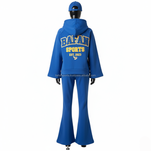 Survêtement en polaire pour femmes Premium 340 GSM Pantalon évasé bleu royal Ensemble de sweat à capuche zippé avec logo brodé 3D Survêtements grande taille - Product Image 2