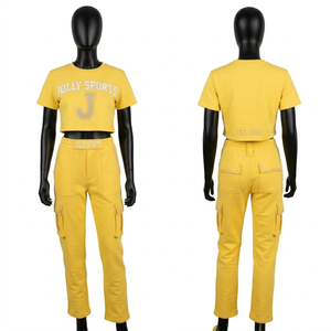 Women 320 GSM Cotton Fleece Yellow Crop <b>Top</b> Cargo Pant Set <b>Rhinestone</b> Heat Transfer Custom Logo Women's Set - Product Image 1