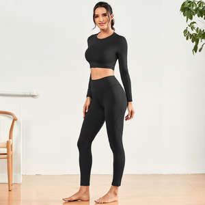 2025 logotipo personalizado Color sólido Yoga manga corta manga larga ropa deportiva gimnasio Fitness correr conjunto secado rápido mujeres deporte Yoga conjunto - Product Image 4