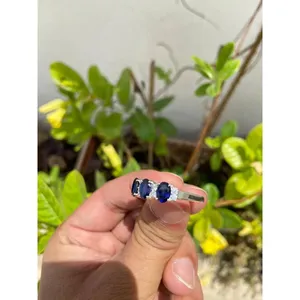 <b>925</b> <b>Silver</b> Blue Sapphire Band <b>Ring</b> Oval Cut Marquise Vintage Rhodium Vermeil Engagement IGI Certified Platinum Ongoing Setting - Product Image 4