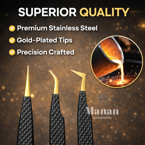 Juego de Pinzas de Precisión para Extensión de Pestañas Profesionales de Alta Calidad, Punta Dorada, Antideslizantes, de Acero Inoxidable, Ligeras, con Estuche - Product Image 4